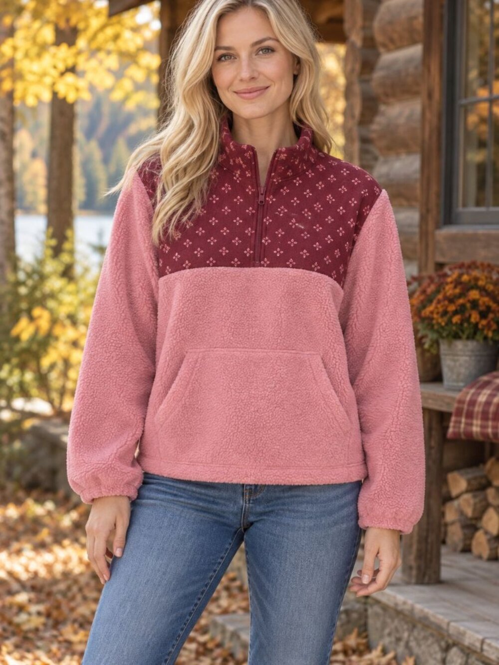 Universal Thread Pink Colorblock Sherpa Quarter Zip Pullober Outerwear size M